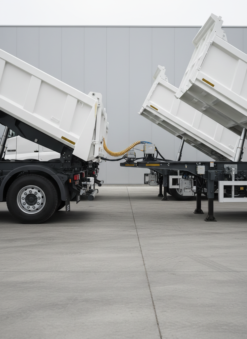 A side view of a pristine white dump truck and a semi-trailer with tipper body parked on a smooth concrete yard, each fitted with visible under-chassis load sensors and junction boxes. The steel frames, painted in clean industrial gray, show securely mounted weighing components with protective housings and tidy cable runs. Overcast daylight creates soft, even lighting, minimizing harsh shadows and emphasizing the neutral color palette. In the background, a simple warehouse wall in light gray provides a calm, professional backdrop. Captured from a slightly low angle with wide depth of field, the entire vehicles and weighing components are in crisp focus. The atmosphere is technical yet orderly, showcasing regulatory-compliant installations in a clean, corporate, photographic style.